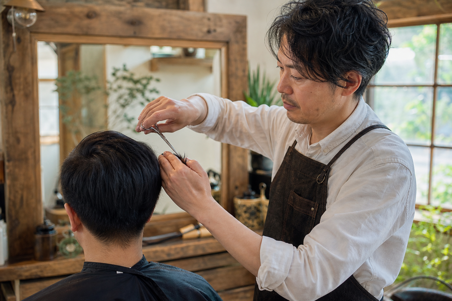 木の鏡台の前で、丁寧に髪を切るスタイリスト